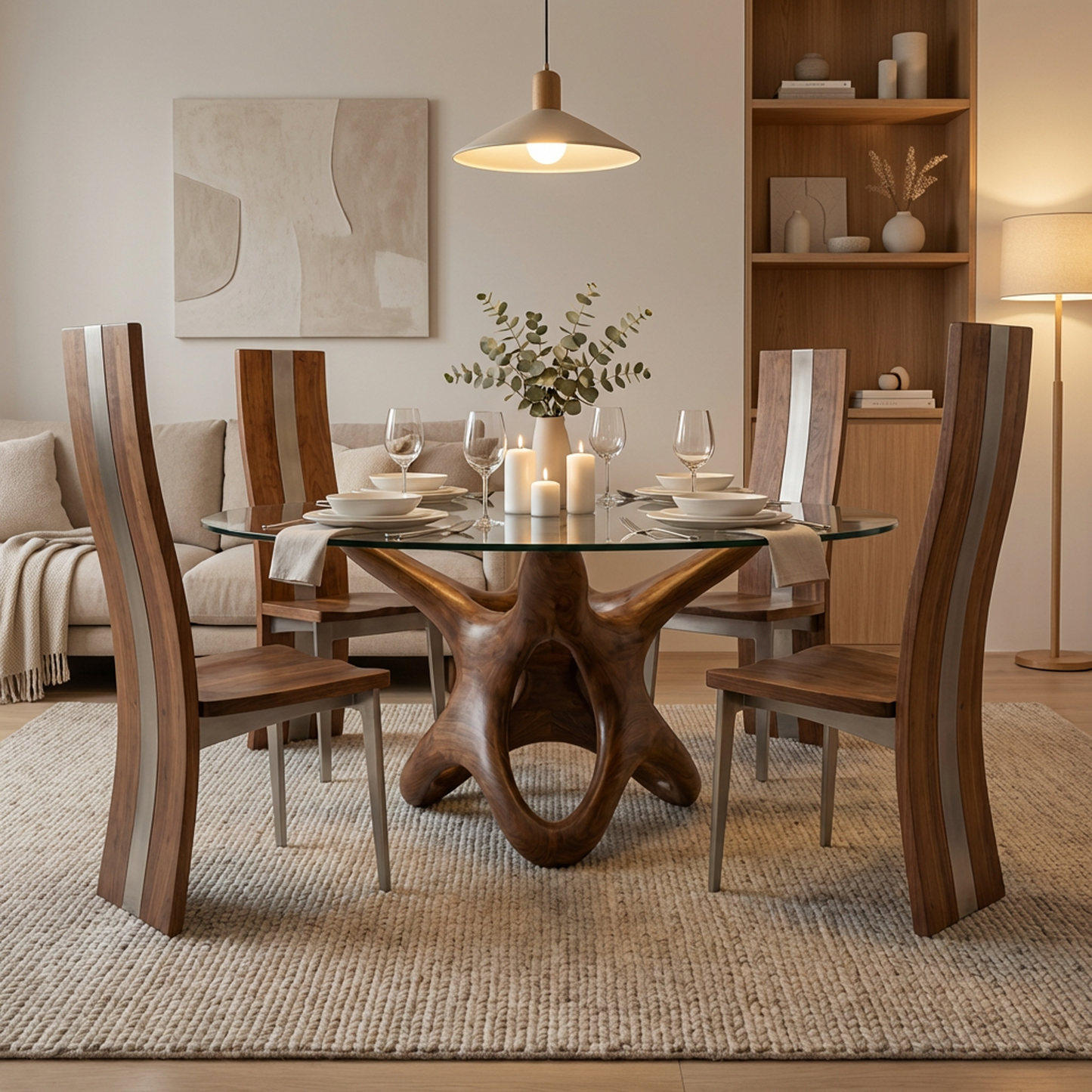 Sculptural Round Glass Dining Table Set