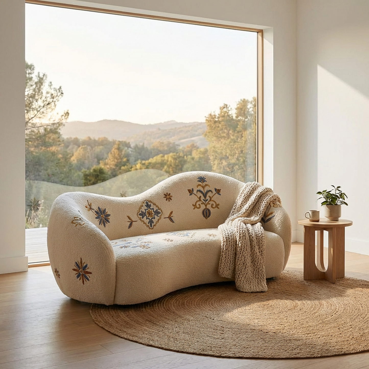 Embroidered Bouclé Loveseat Sofa